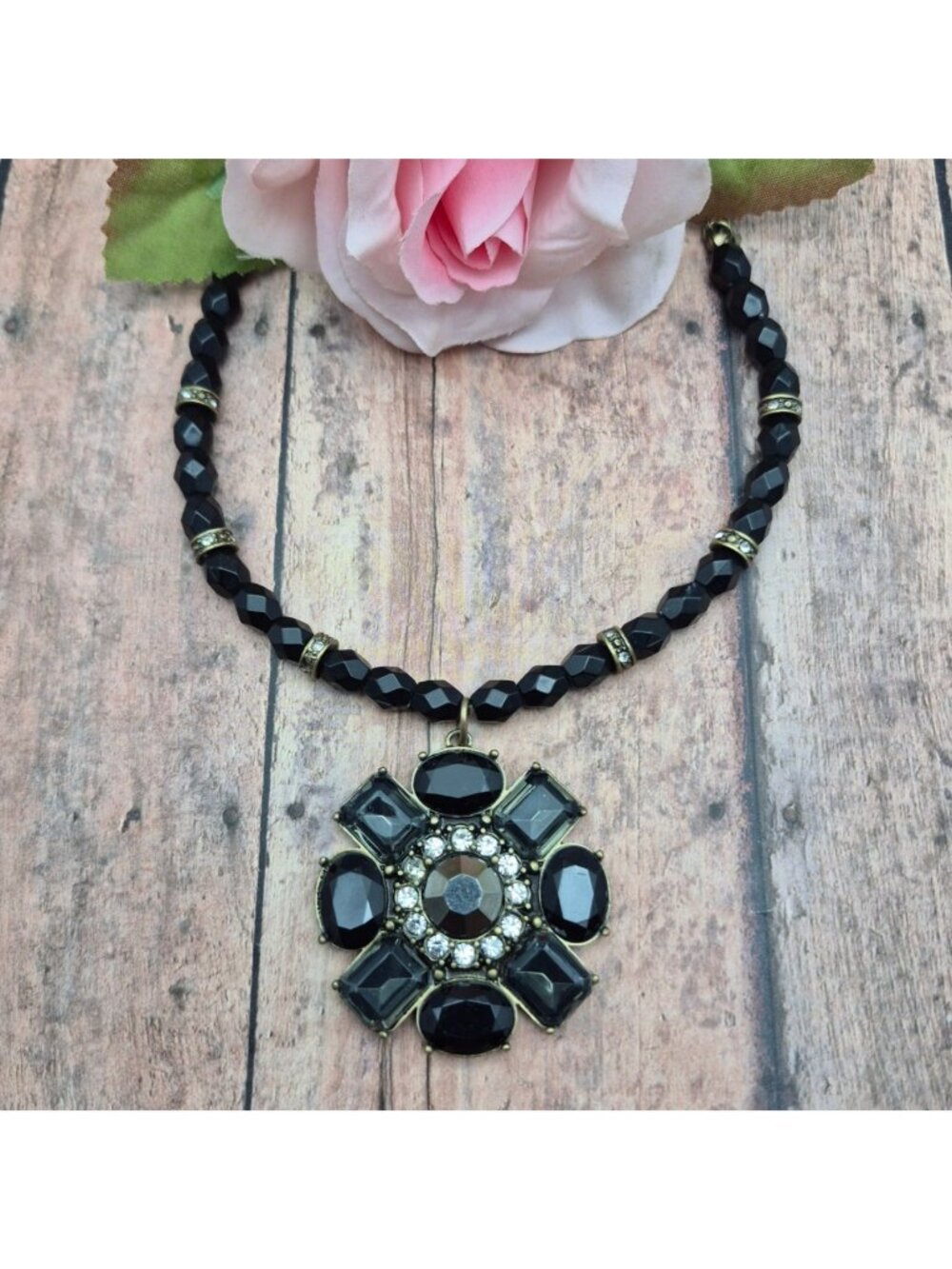 Avon Gold Tone & Black Beaded Flower Pendant Necklace Crystal Accents Whimsigoth